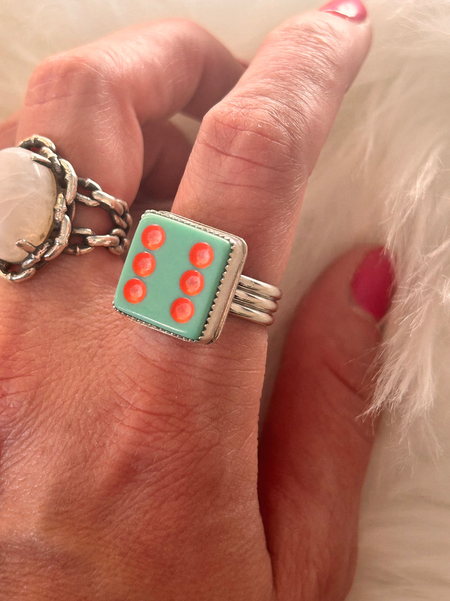 Turquoise and coral dice ring