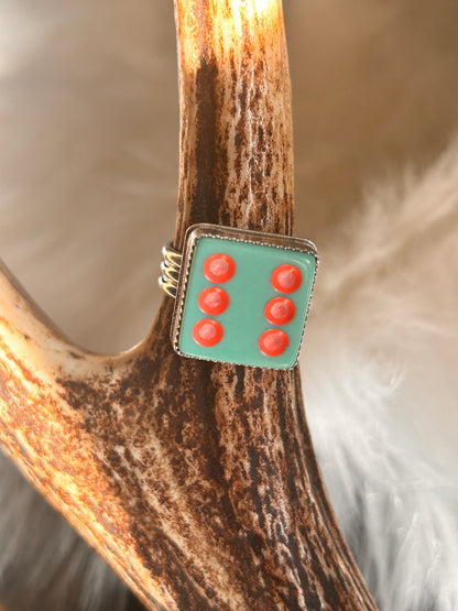 Turquoise and coral dice ring
